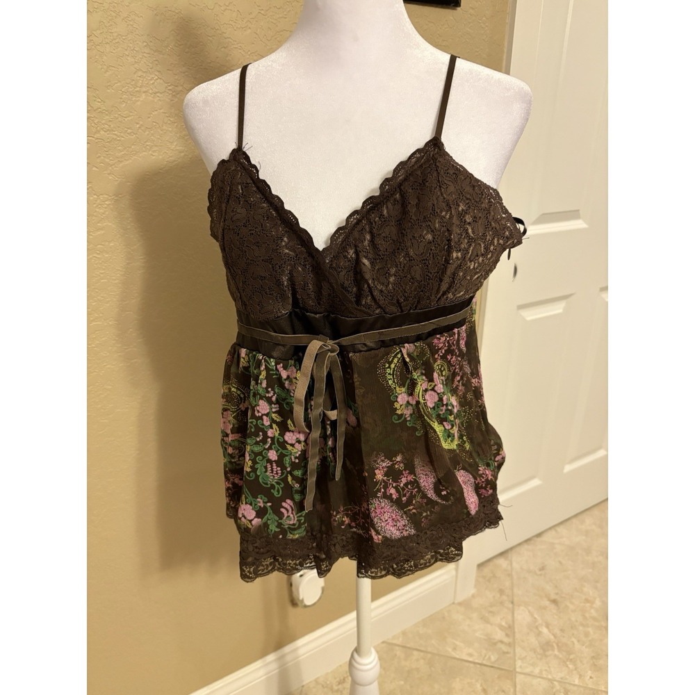 Rampage Women's Y2K Pink And Brown Floral Glitter Fairy Babydoll Tank, Large